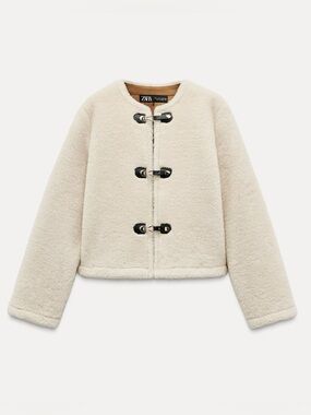 NEW Zara Cream Faux Shearling Coat with brown buckles
